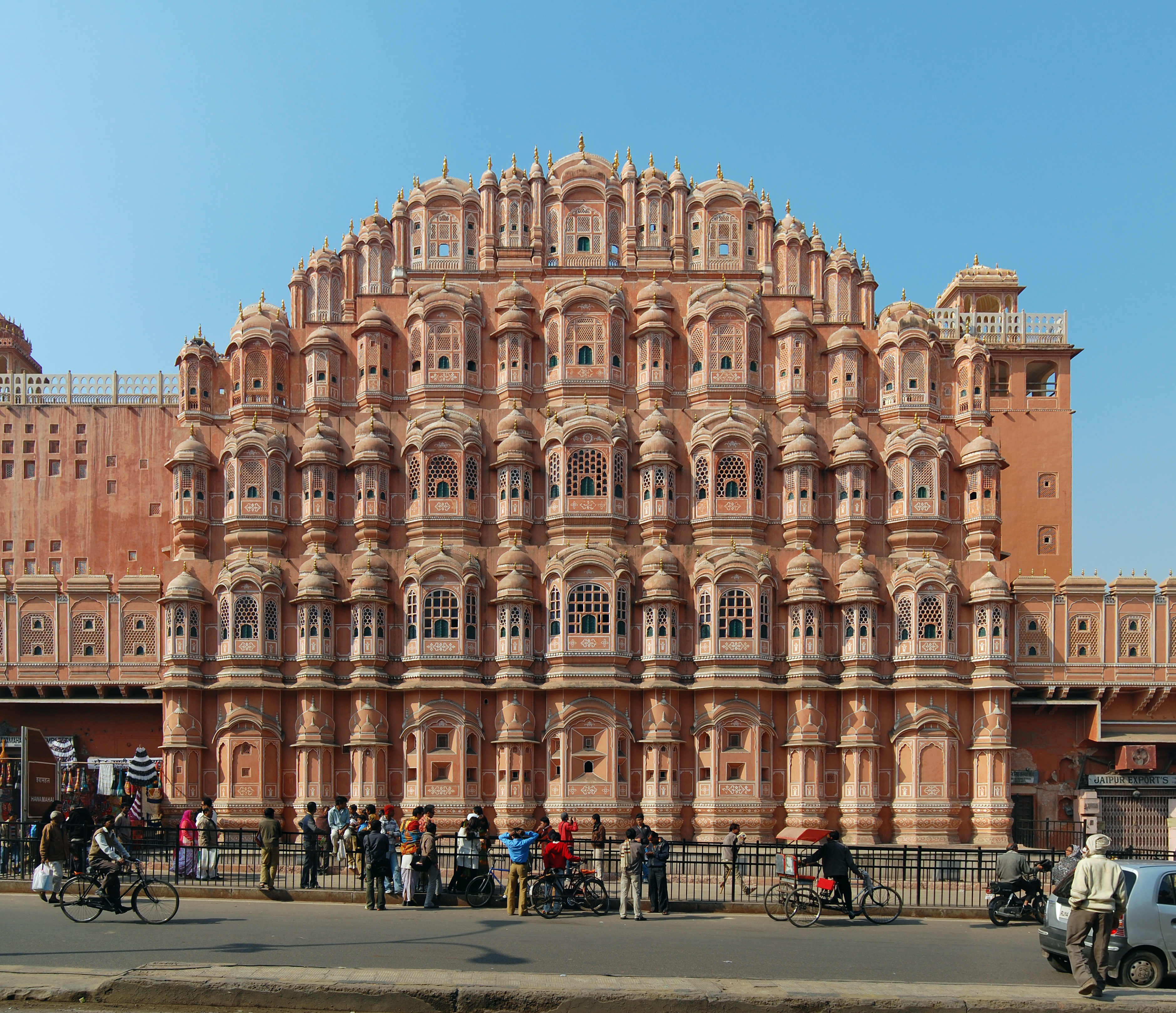 Hawa Mahal pink sandstone facade in Jaipur at sunrise